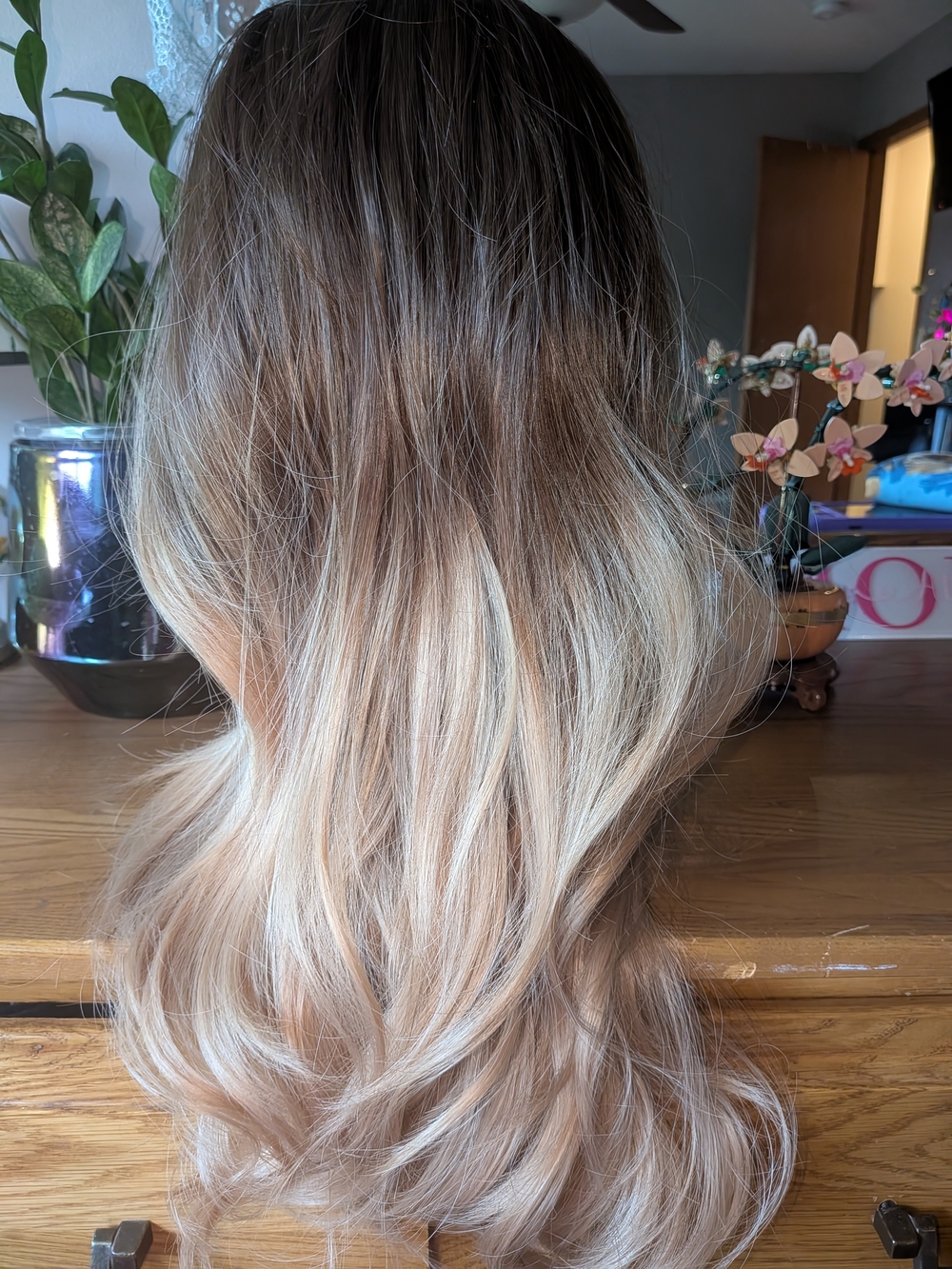 Brown Blonde Balayage Long Waves Bangs Wig